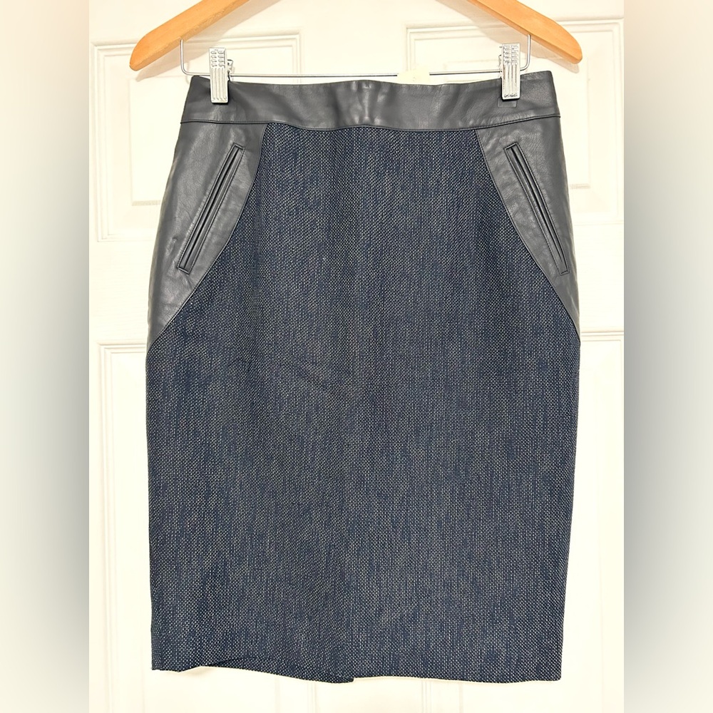 Ann Taylor Blue Knit Pencil Skirt with Faux Leather Trim